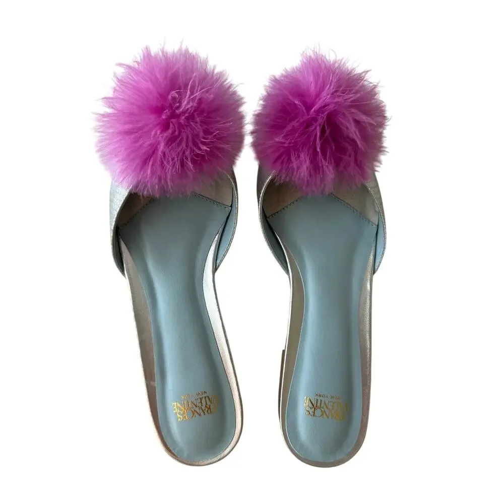 Frances Valentine Pauline Snake Embossed Pom Pom Mules Pink 6.5